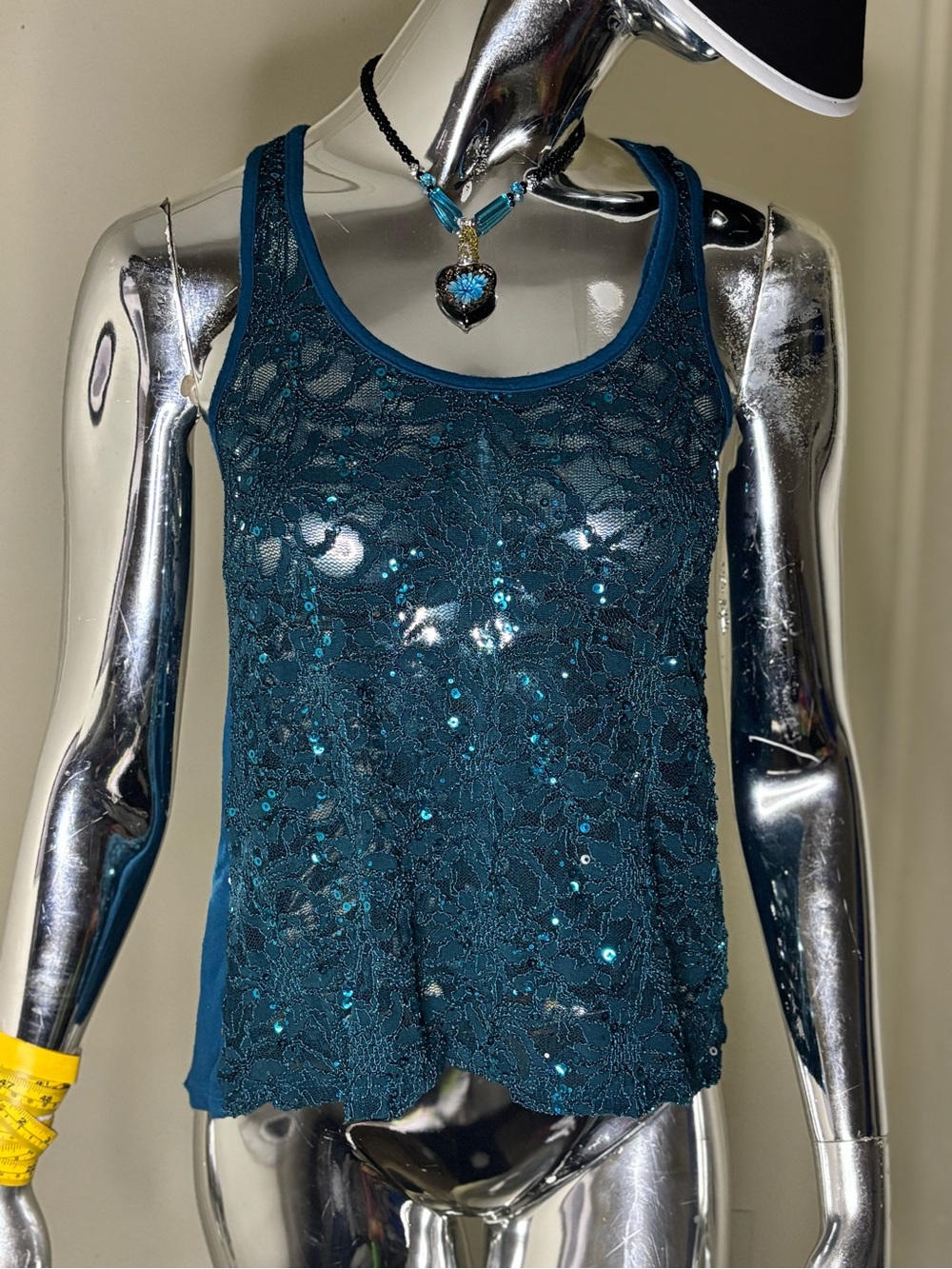 Blue Lace Sequin Tank Top - Women